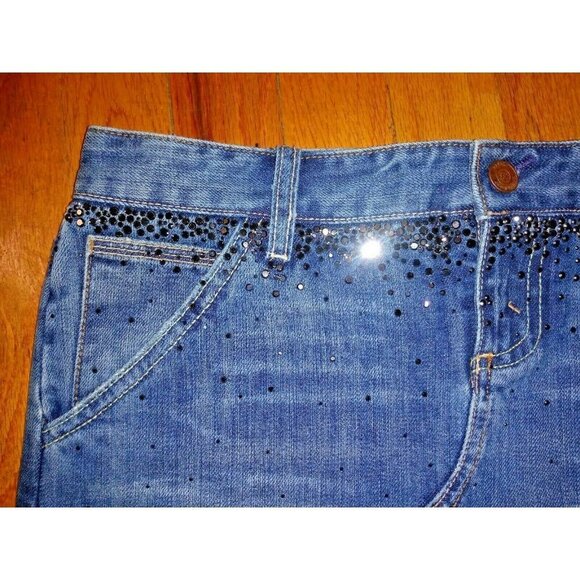 Denim Mini Skirt embellished rhinestones WAIST 30" POCKETS X2 blue frayed hem - Picture 3 of 8
